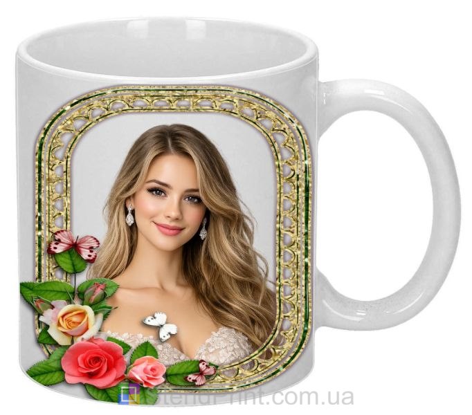 Чашка с фото для девушки с розами и бабочками заказать подарок