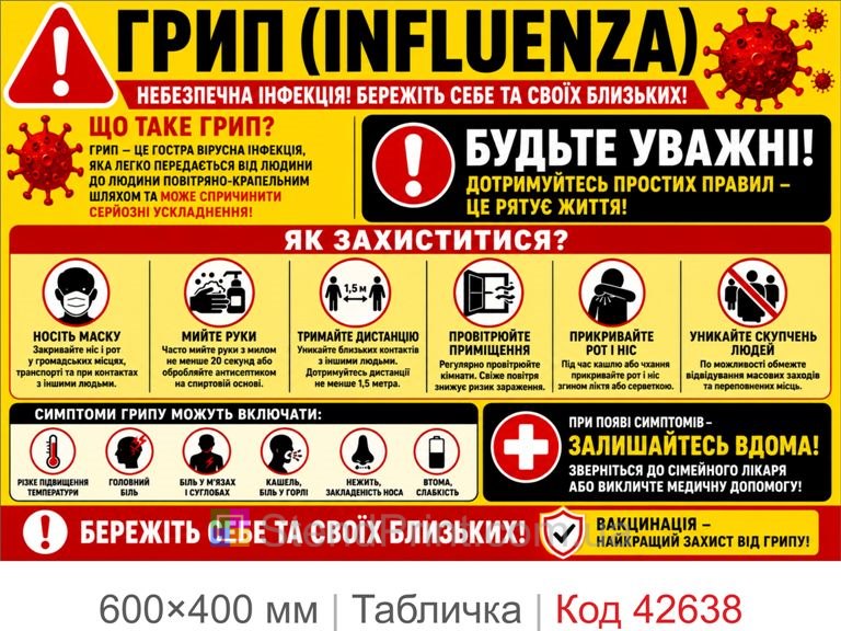 Табличка грип Influenza санітарна безпека для школи лікарні офісу Код-42638
