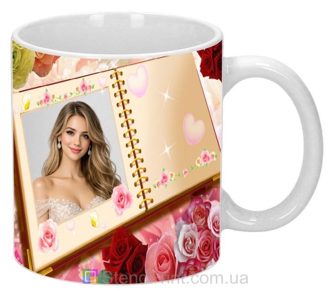 Горнятко з фото для коханої у стилі фотоальбому з трояндами замовити подарунок