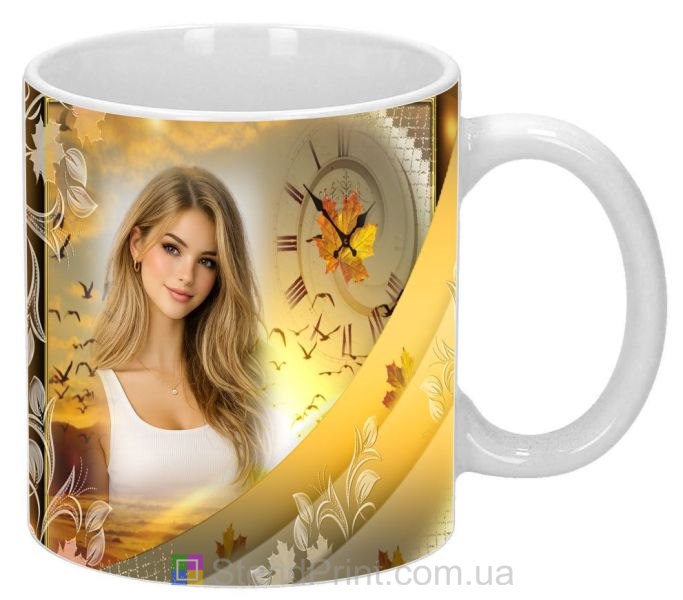 Чашка з фото осінній захід сонця, море та листя — персональний фотодрук