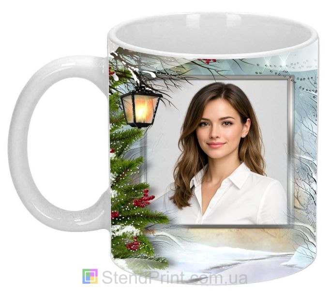 Персональна чашка з фото в зимовому стилі з ялиною та горобиною замовити друк фото онлайн