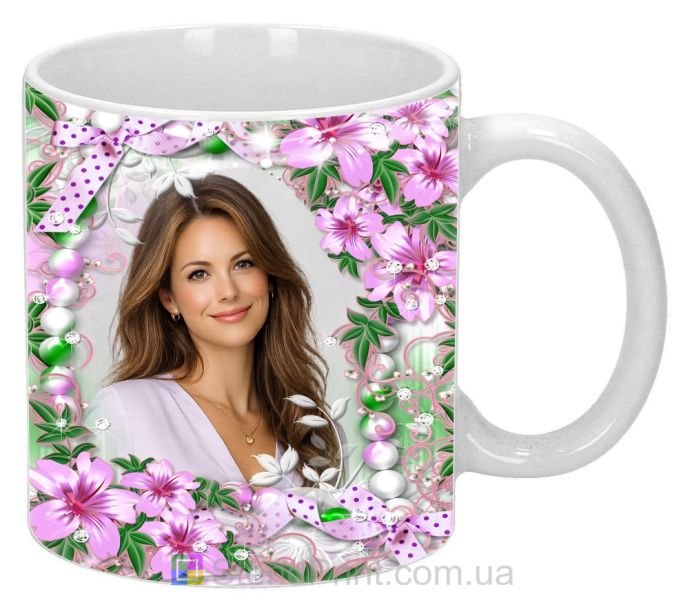 Чашка с фото цветы и разноцветный жемчуг персональный подарок заказать