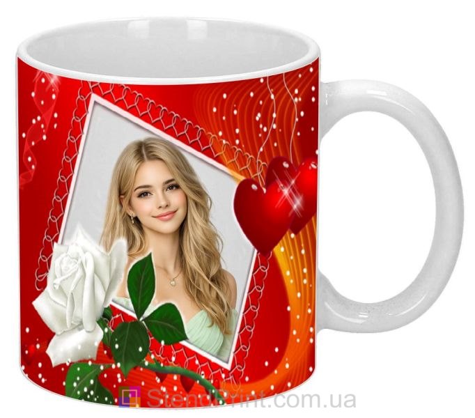 Горнятко з фото для коханої з білою трояндою та серцем яскравий подарунок замовити
