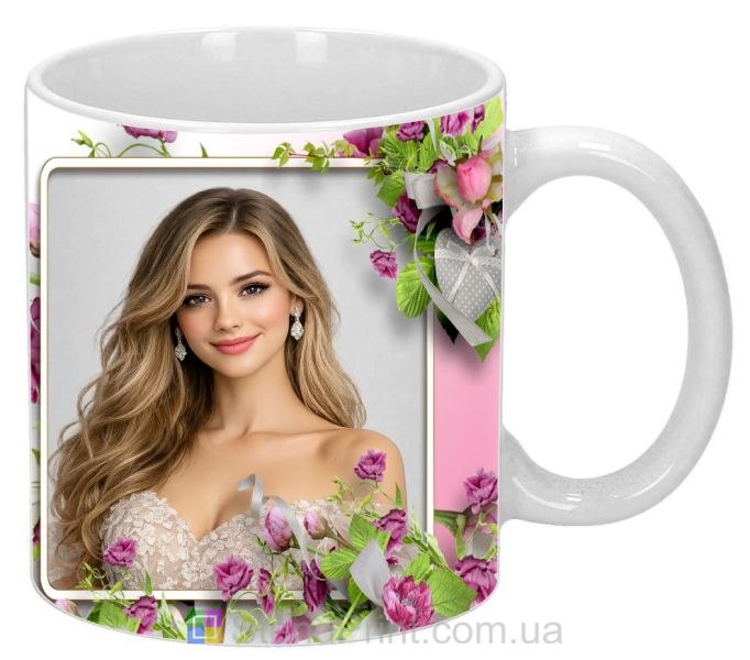 Кружка з фото з рожевими квітами для коханої ніжний романтичний подарунок
