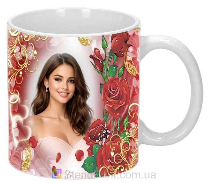 Горнятко з фото з червоними трояндами та золотим візерунком подарунок замовити онлайн