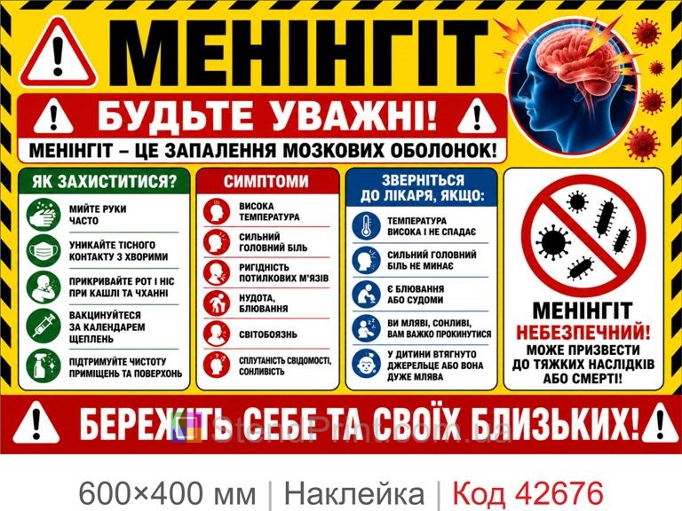 Наклейка менингит для школы и больницы, медицинский плакат Код-42676