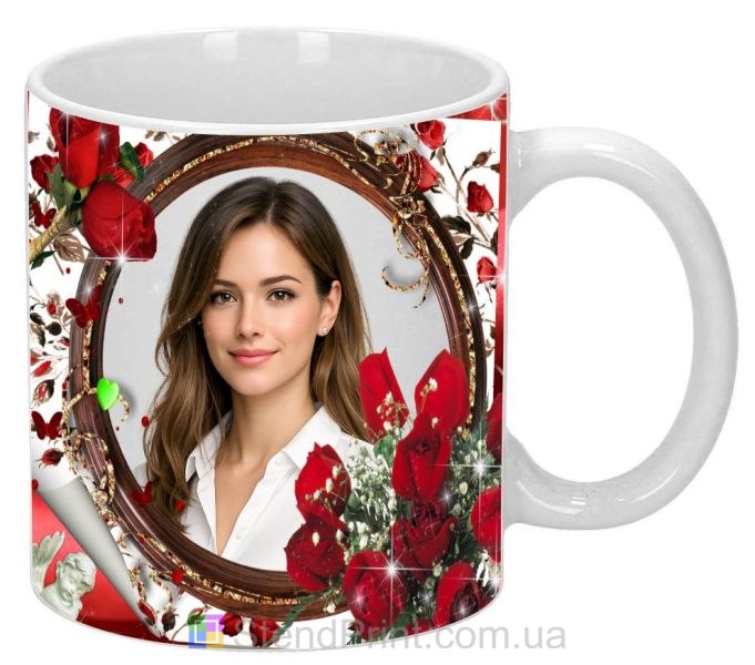 Чашка с фото в деревянной рамке и красными розами романтический подарок заказать