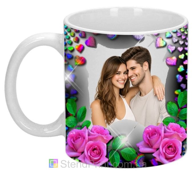 Чашка с фото с розами и сияющими сердцами романтический персональный подарок заказать онлайн