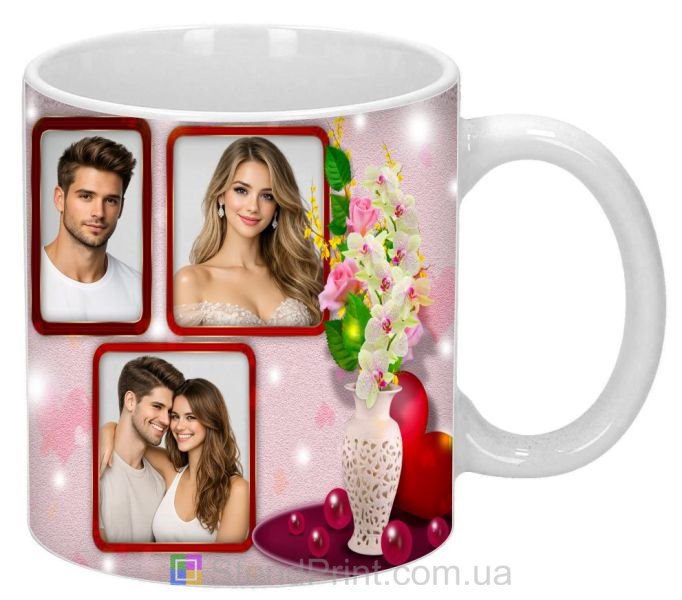 Чашка з фото колаж із трьох фотографій з квітами романтичний подарунок замовити
