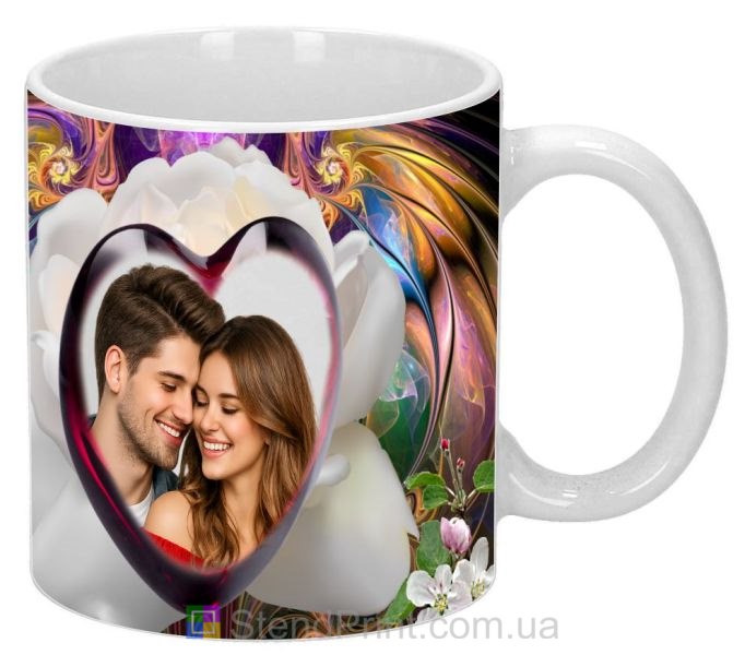Кружка с фото в сердечной рамке с белой розой романтичный персональный подарок заказать