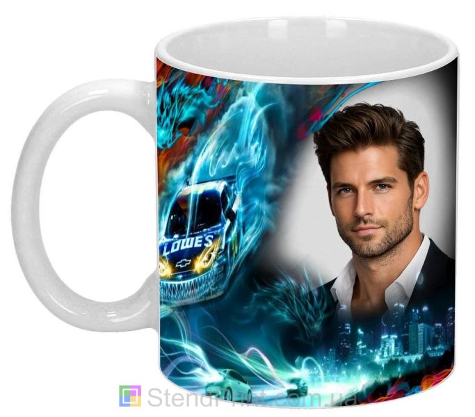 Чашка с фото на подарок мужчине с ночными гонками и неоном
