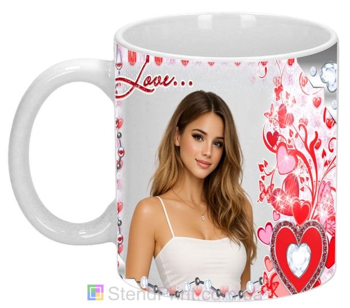 Горнятко з фото для коханої з серцями Love романтичний подарунок замовити