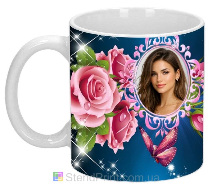 Кружка с фото для девушки с розами и бабочкой заказать подарок