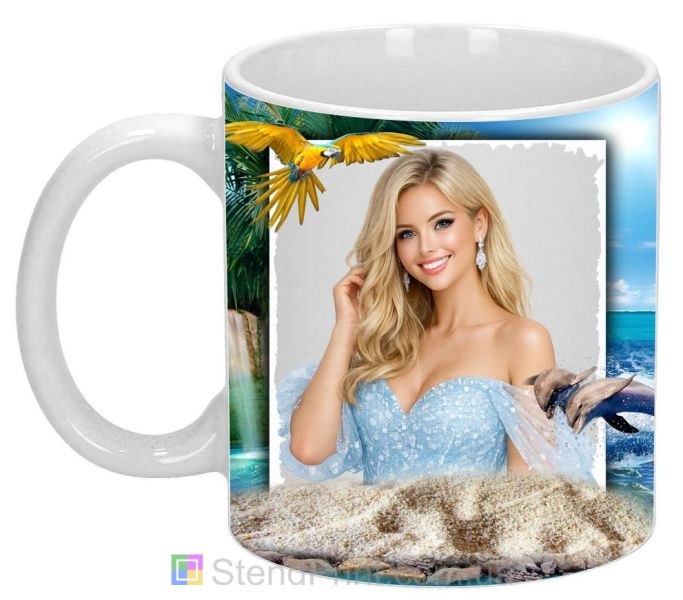 Чашка с фото остров попугай дельфины морской пейзаж заказать