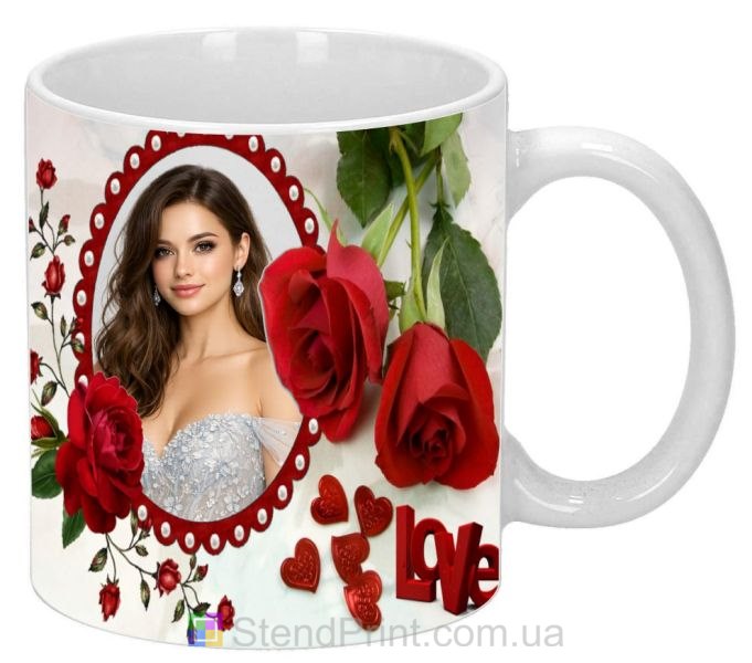 Кружка с фото с красными розами и Love подарок