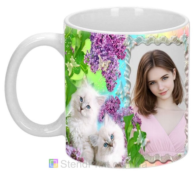 Чашка с фото белые котята сирень нежный дизайн заказать