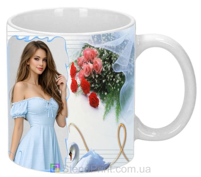 Чашка з фото для коханої з трояндами та лебедем що подарувати дівчині замовити