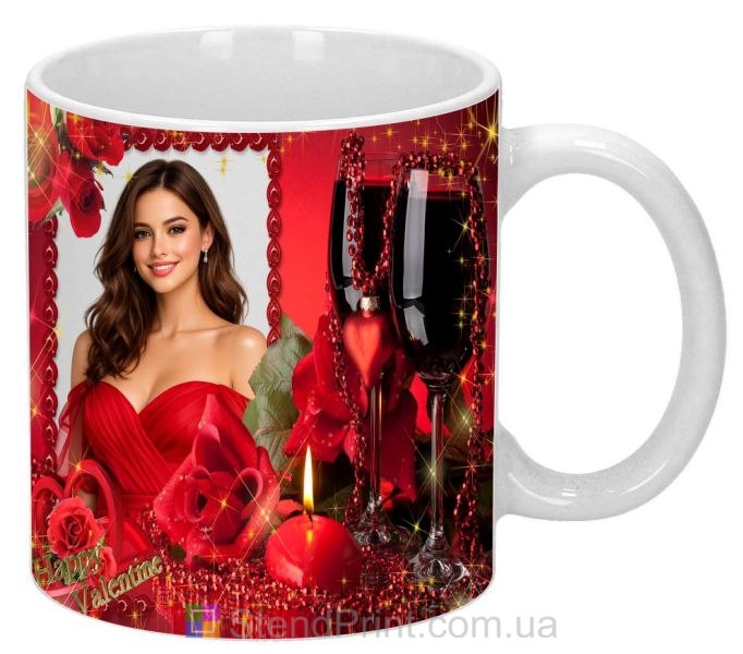 Кружка с фото Happy Valentine с розами и бокалами