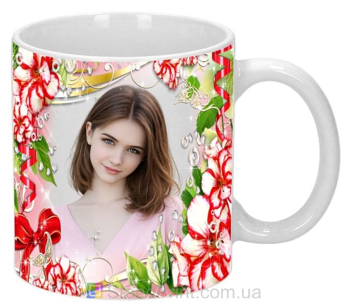 Кружка з фото червоно-білі квіти сердечка романтичний подарунок замовити