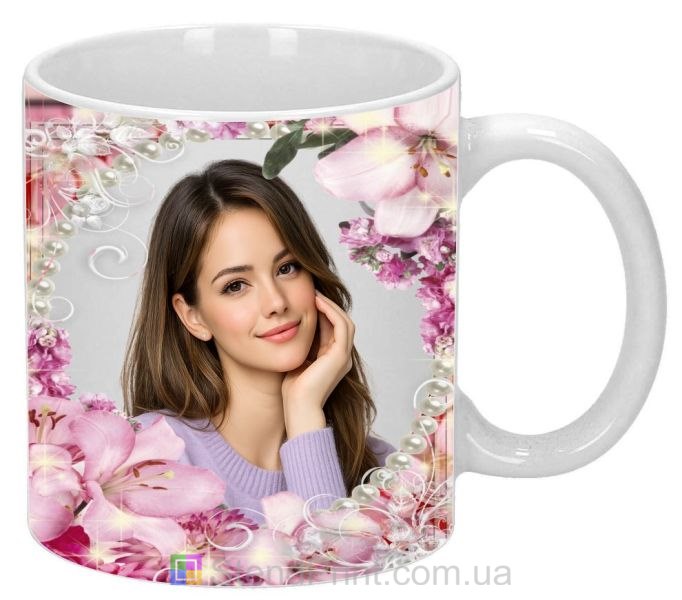 Кружка с фото для девушки с розовыми цветами заказать подарок
