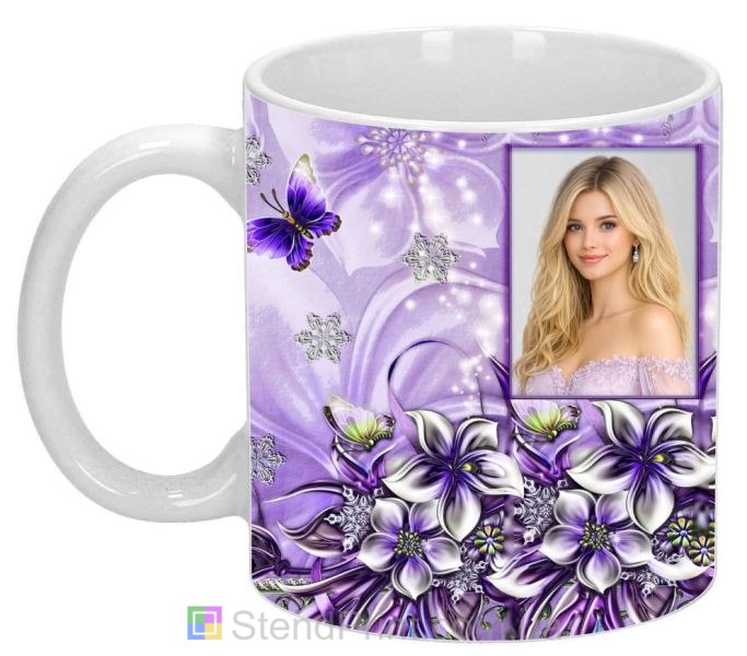 Чашка с фото для девушки с фиолетовыми цветами нежный подарок заказать