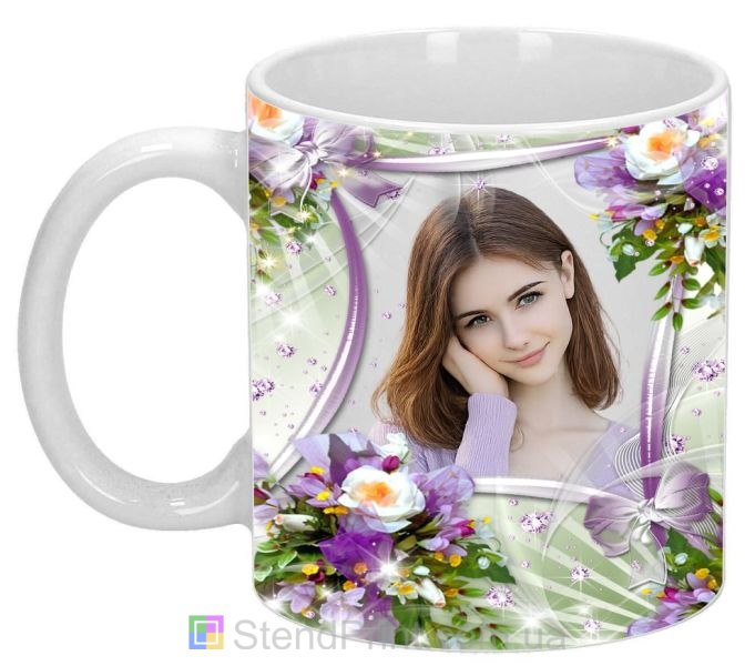 Чашка с фото цветы лучи света драгоценный декор заказать