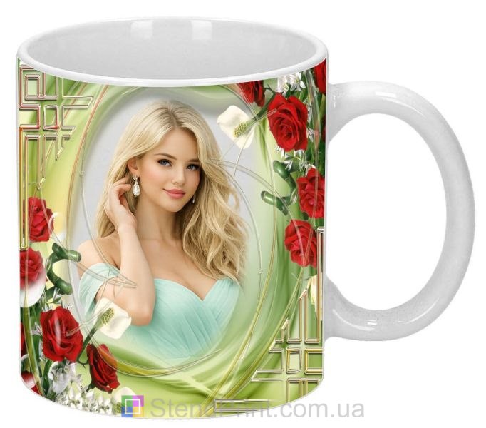 Кружка с фото красные розы абстрактный зелёный фон геометрия заказать