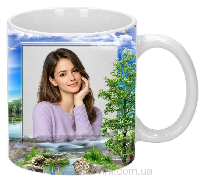 Горнятко з фото річка, дерева, блакитне небо, природа — замовити