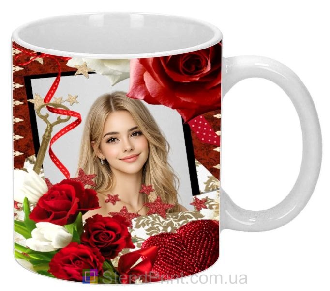 Кружка з фото з серцем і трояндами для коханої романтичний подарунок