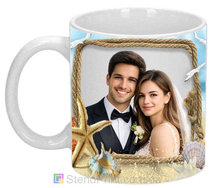 Чашка с фото песчаное побережье ракушки морская звезда заказать