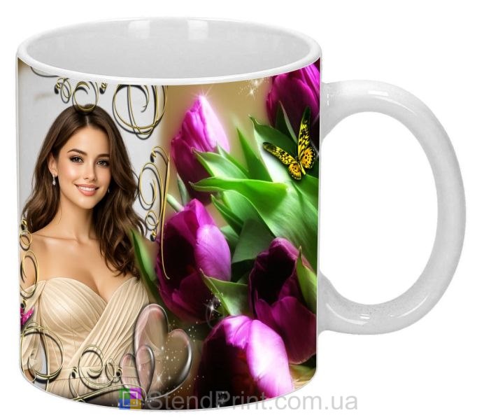 Горнятко з фото з тюльпанами та метеликом подарунок коханій купити онлайн