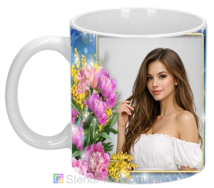 Кружка с фото для девушки нежный подарок с цветами заказать