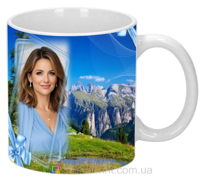 Кружка з фото гірської долини та гір, природний пейзаж — замовити