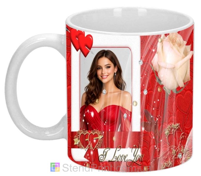 Кружка с фото I Love You с сердцами и розой