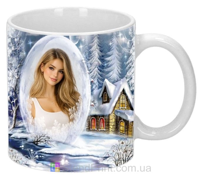 Кружка з фото зимовий ліс і засніжений будиночок персональний друк на кружці замовити онлайн