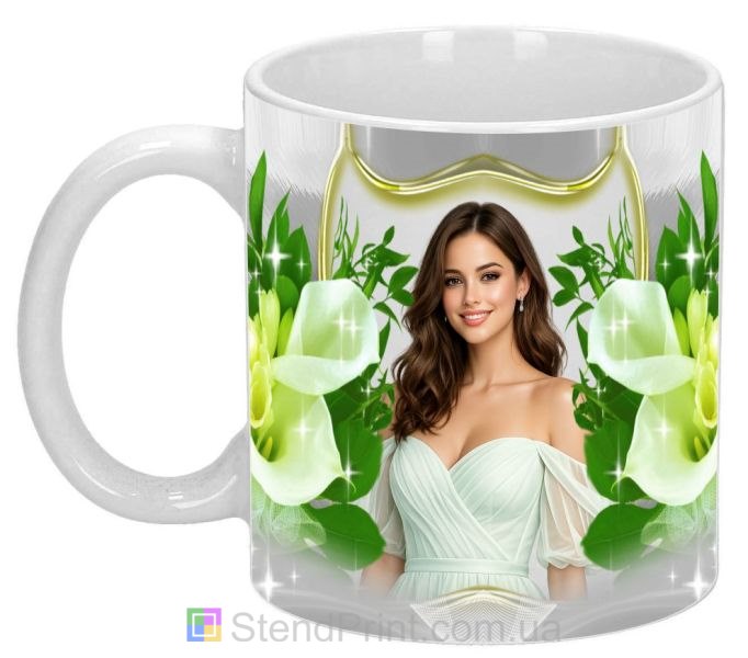 Кружка с фото для девушки с белыми цветами нежный подарок заказать