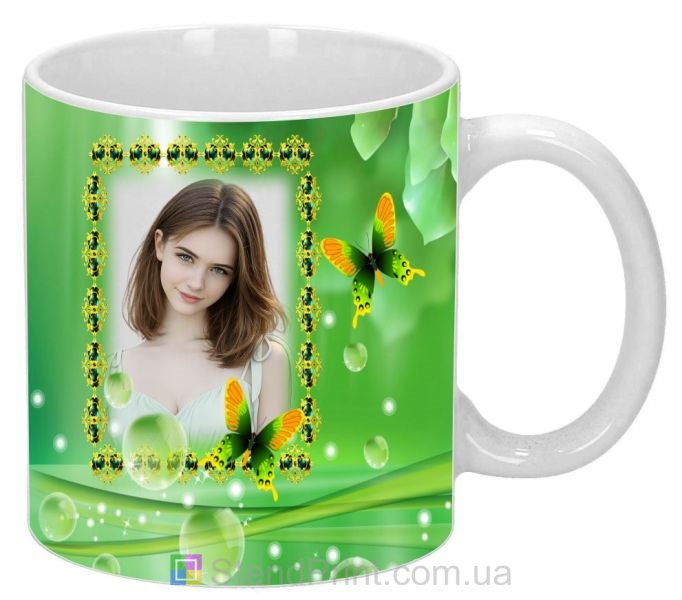Чашка с фото для девушки зелёный дизайн с бабочками подарок заказать