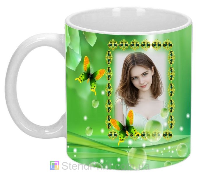 Чашка с фото для девушки зелёный дизайн с бабочками подарок заказать