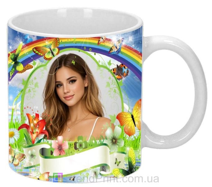 Кружка с фото для девушки яркий дизайн с радугой подарок заказать
