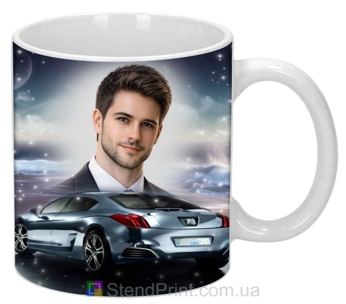 Кружка з фото на подарунок чоловіку з автомобілем та морським узбережжям