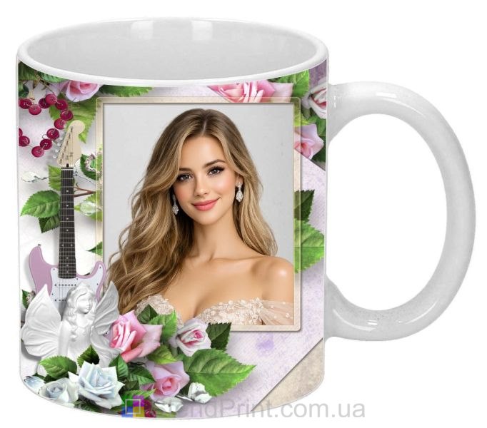 Чашка с фото с розами и гитарой нежный персональный подарок в романтичном стиле заказать