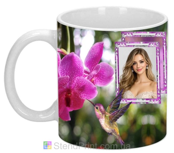 Чашка з фото для дівчини з орхідеєю та колібрі красивий подарунок замовити