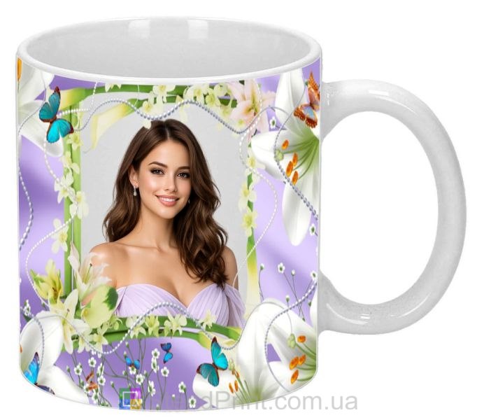 Кружка з фото з ліліями та метеликами подарунок коханій дівчині замовити
