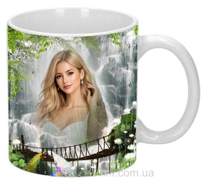 Кружка з фото водоспад, місток і павичі природа фотоефект замовити