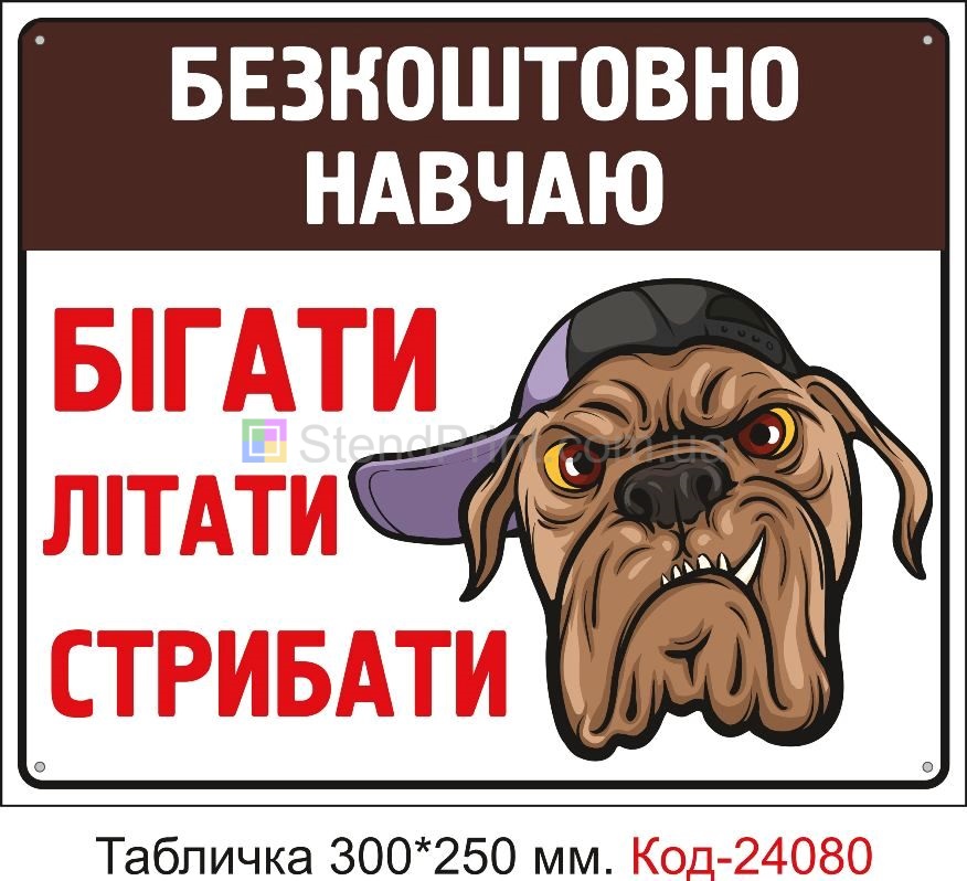 Пластикова табличка "Зла собака, навчаю бігати, літати, стрибати" Код-24080