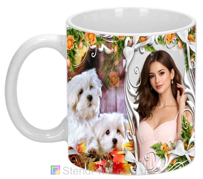 Чашка с фото белые собачки розы узоры заказать