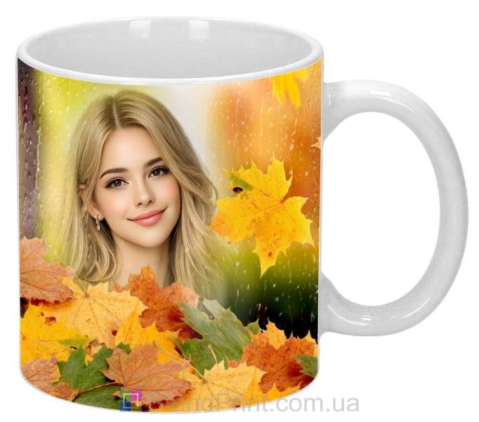 Кружка с фото осенний подарок маме с кленовыми листьями