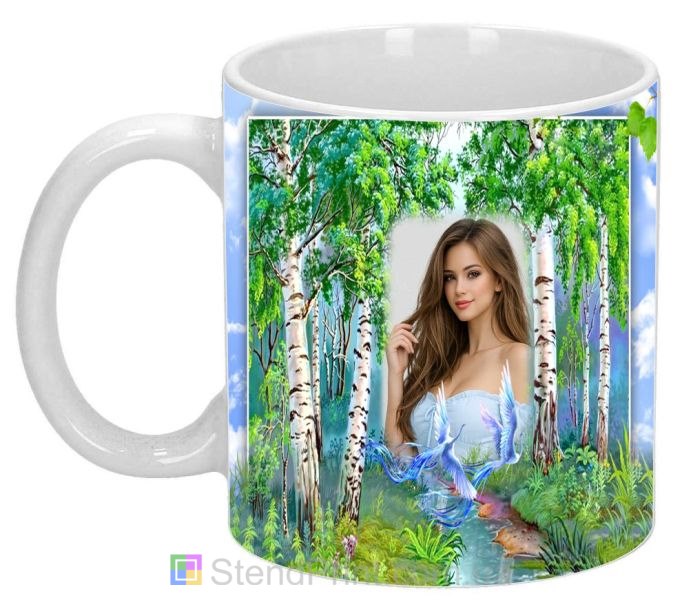 Кружка с фото берёзовый лес река и птицы природа заказать