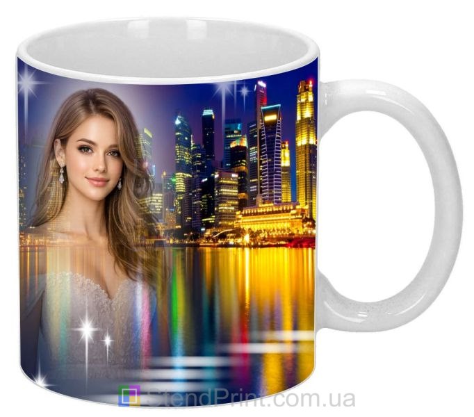 Кружка с фото ночной город огни и отражение в воде современный персональный дизайн заказать