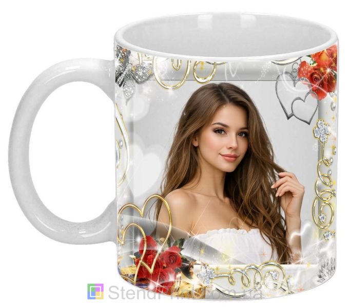 Горнятко з фото з золотими візерунками та серцями подарунок замовити